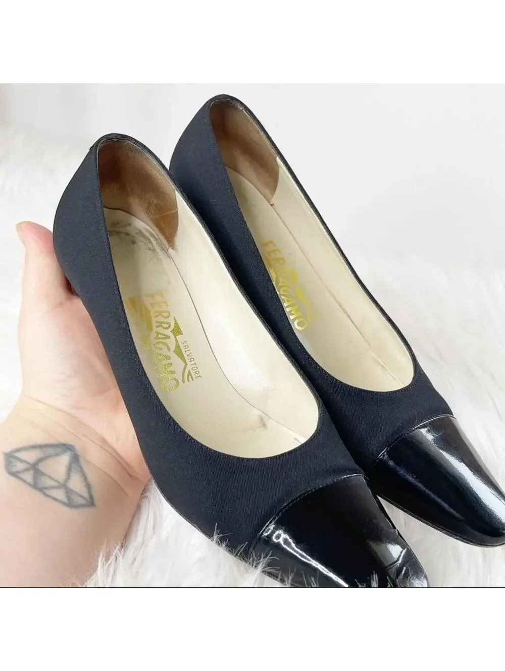 Salvatore Ferragamo Black Cap-Toe Heels 6.5 B